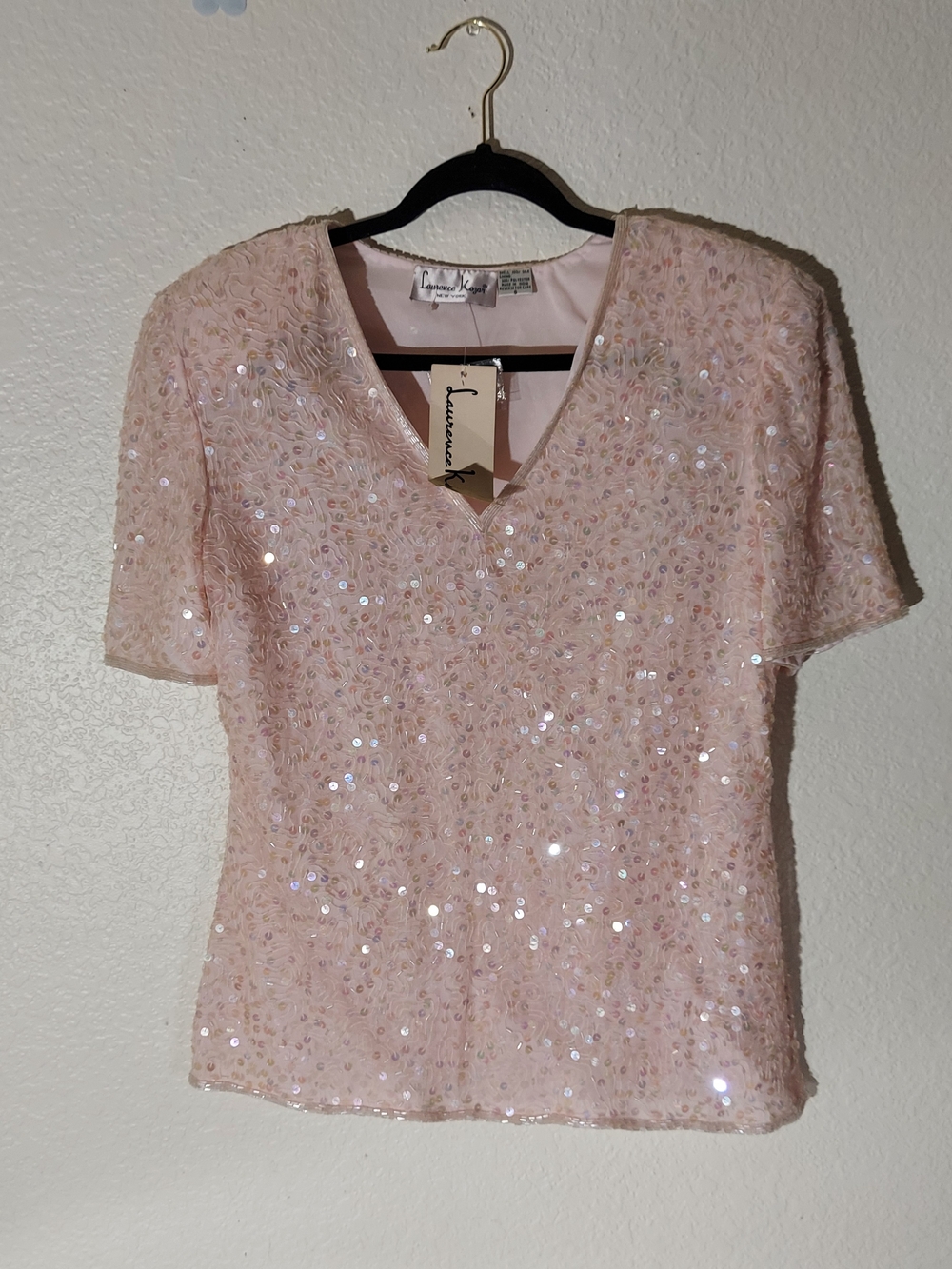 Laurence Kazar New York Vtg Light Pink Silk Beaded Sequin Lined Top WM Sz S NWT